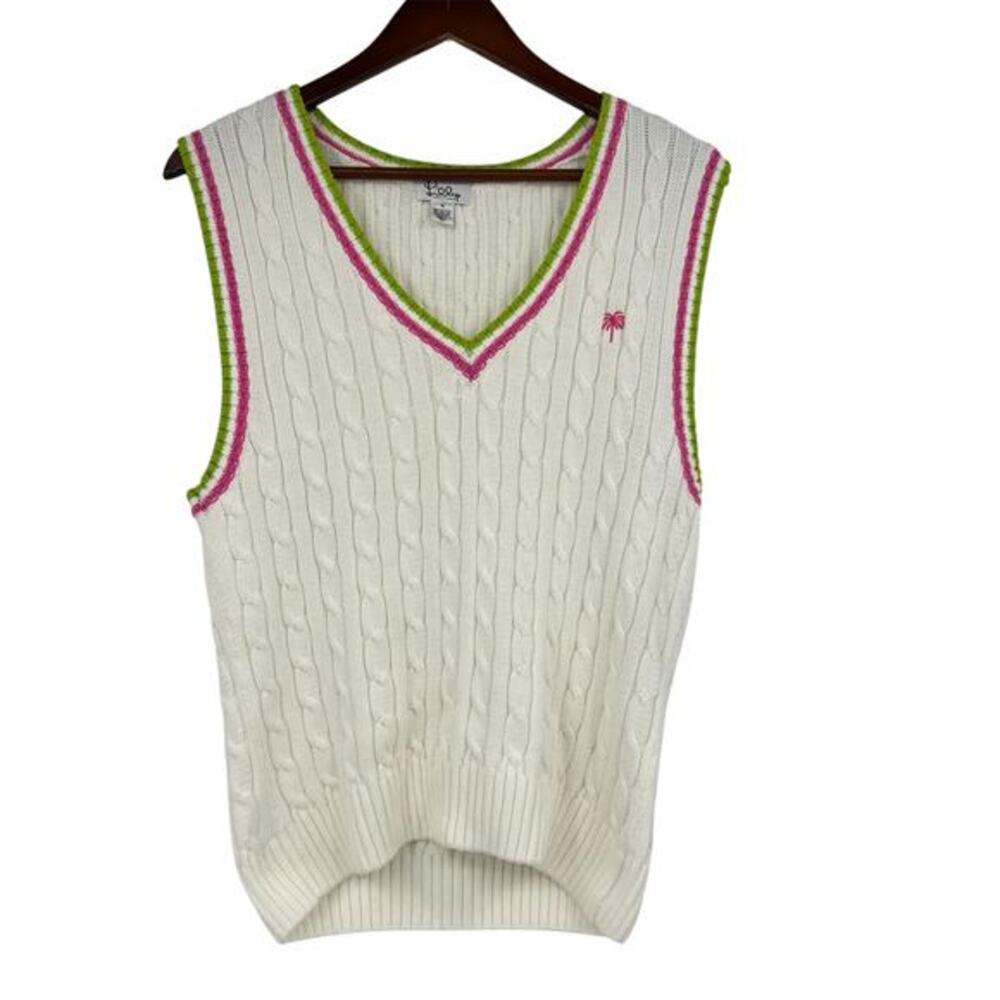 Vintage Lilly Pulitzer White Cable Knit Sweater Vest V-Neck 100% cotton medium
